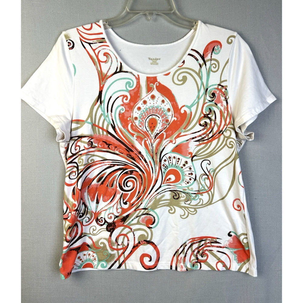 Tan-Jay Top Women M Petite White Pink Embellished Sparkly Artsy Casual Comfort